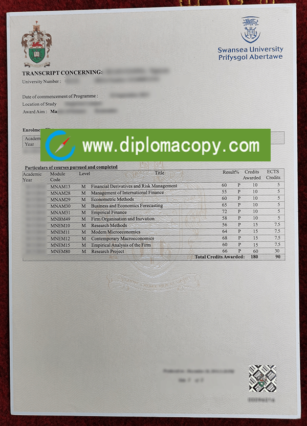 Buy fake Swansea University transcript