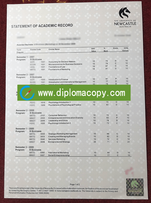 custom University of Newcastle transcript