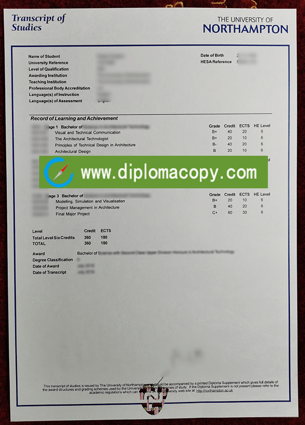 Buy fake University of Northampton transcript