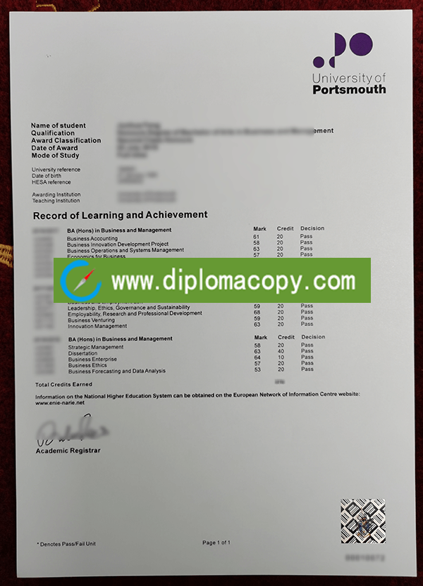 University of Portsmouth transcript