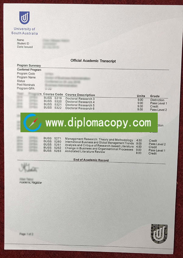 custom University of South Australia Transcript