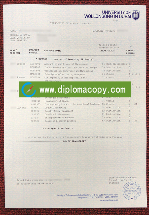 University of Wollongong in Dubai transcript for sale