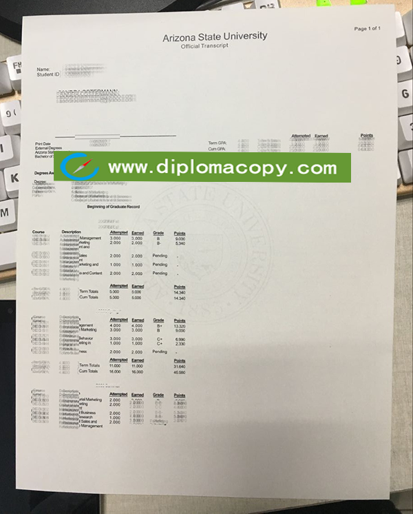 Replica Arizona State University Transcript