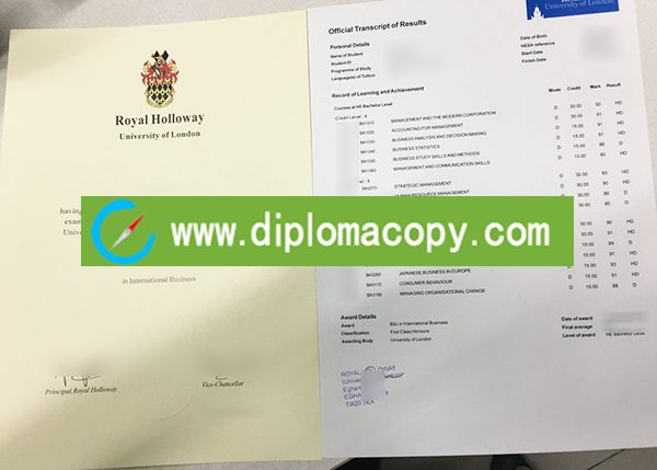 Royal Holloway university diploma, Royal Holloway official transcript