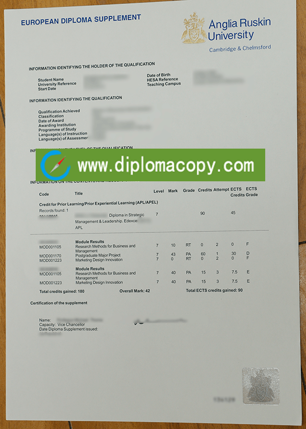 Anglia Ruskin University transcript, ARU fake transcript