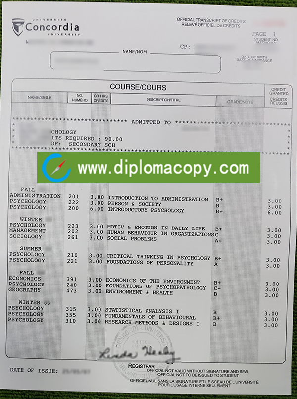 Concordia University transcript