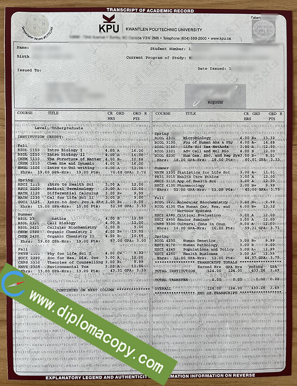 Kwantlen Polytechnic University transcript, KPU fake transcript