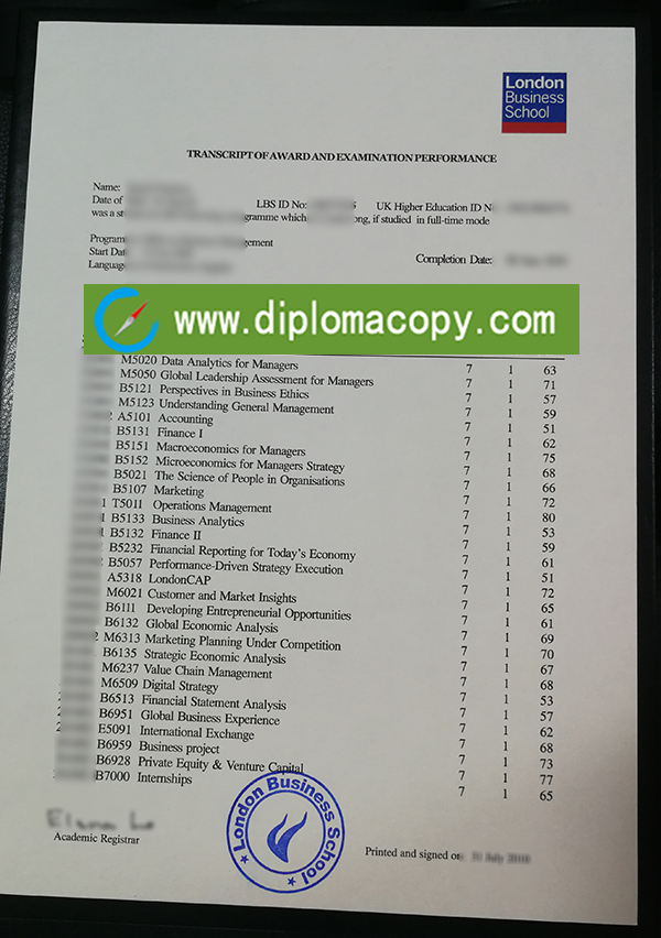 London Business School transcript, LBS transcript