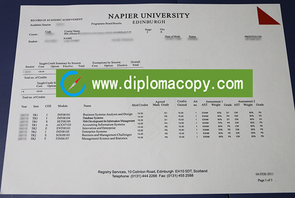 Edinburgh Napier University transcript