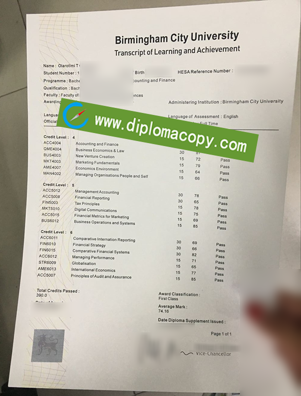 Birmingham City University transcript, Birmingham City University fake transcript