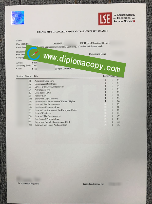 London School of Economics transcript, LSE fake transcript