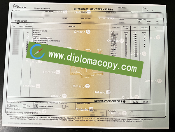 Ontario Secondary School transcript, OSSD fake transcript