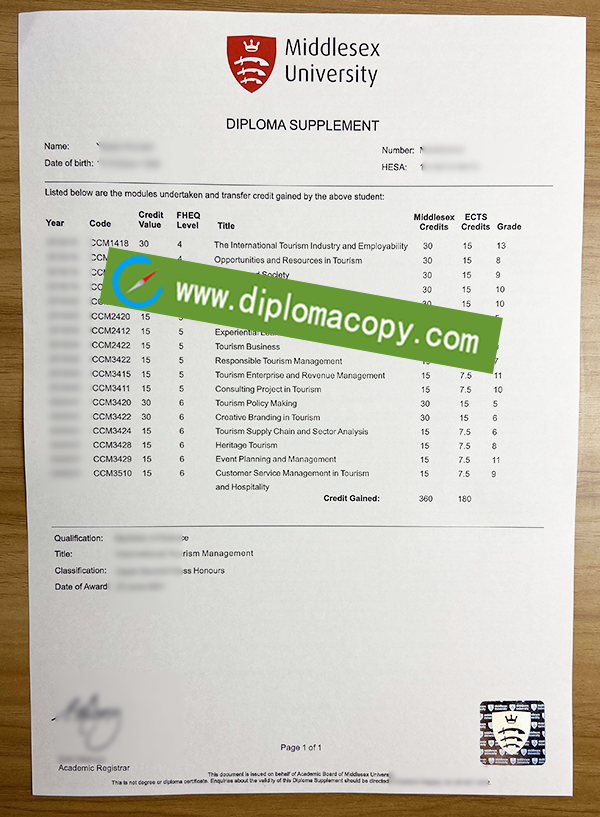 Middlesex University transcript, Middlesex University fake transcript