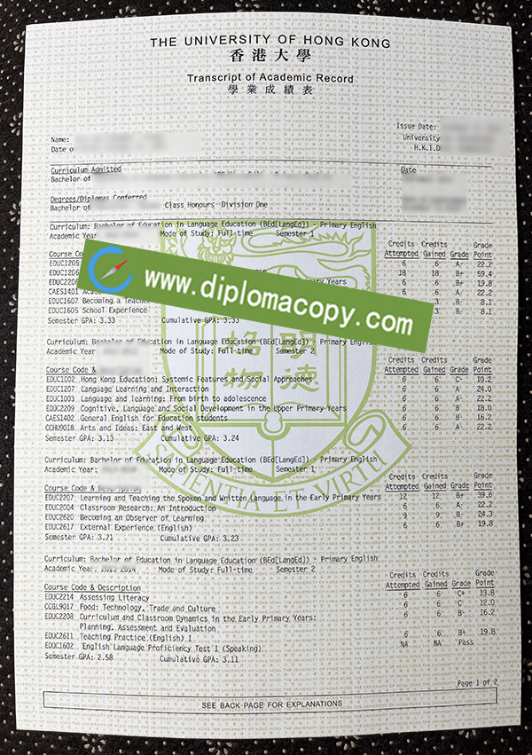 University of Hong Kong transcript, HKU fake transcript