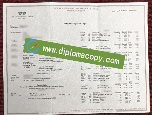 Hobart and William Smith Colleges transcript, fake Hobart and William Smith Colleges certificate