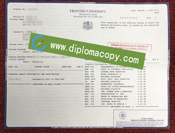 Hofstra University transcript, Hofstra University fake transcript