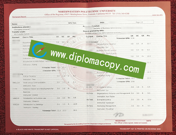 Northwestern Polytechnic University transcript, fake Northwestern Polytechnic University transcript