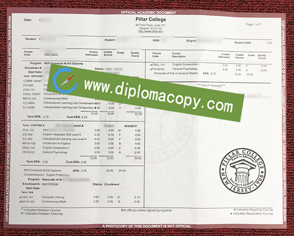 Pillar College transcript, Pillar College fake transcript