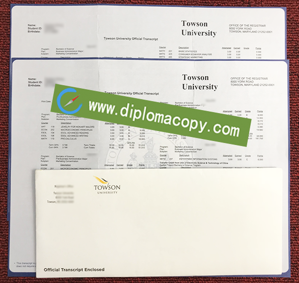 Towson University fake transcript, Towson University transcript envelope