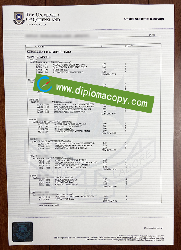 University of Queensland transcript, fake University of Queensland certificate