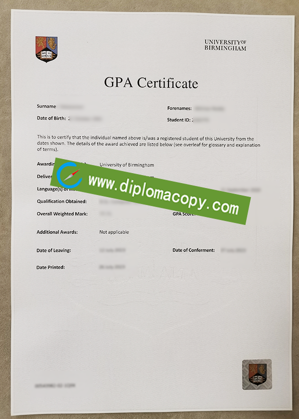 University of Birmingham GPA certificate, University of Birmingham degree