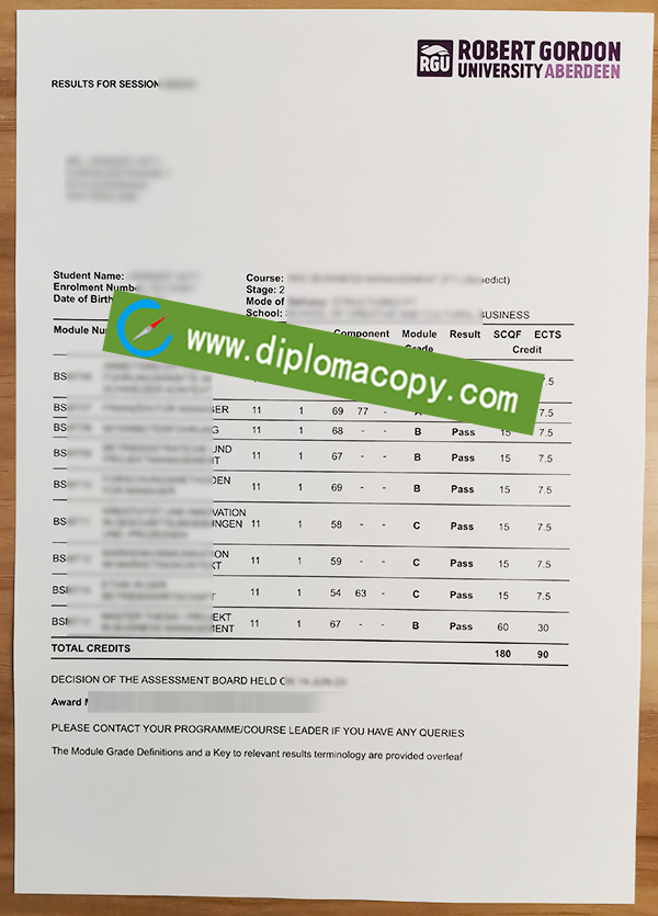 Robert Gordon University transcript, RGU fake certificate