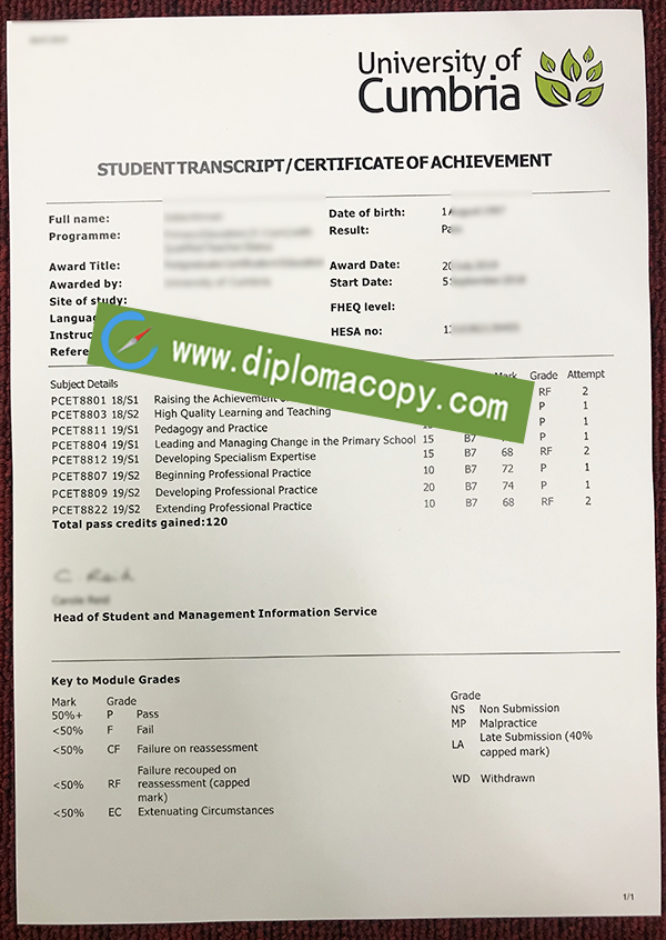 University of Cumbria transcript, University of Cumbria diploma