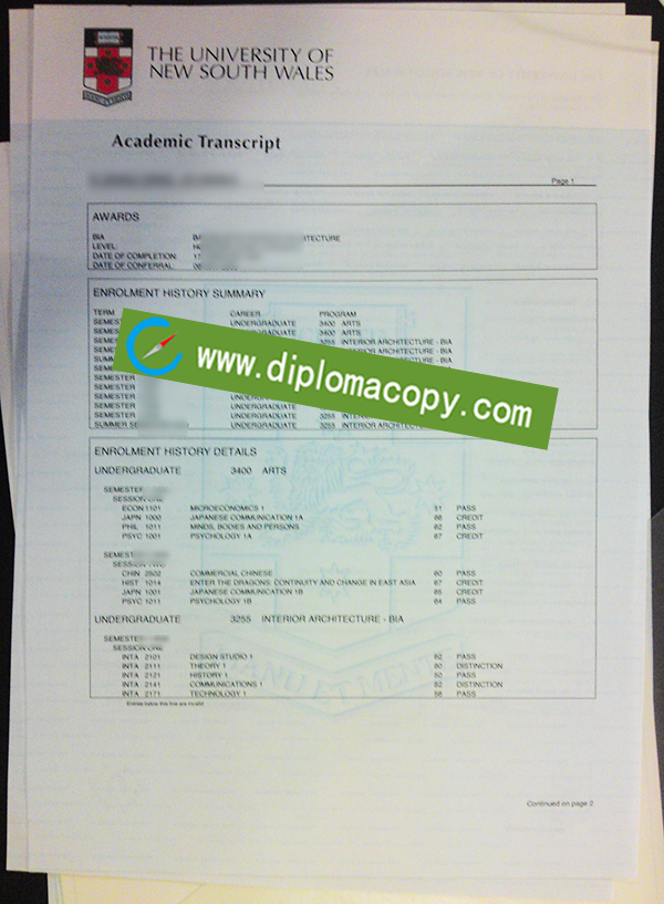 UNSW fake transcript, University of New South Wales diploma