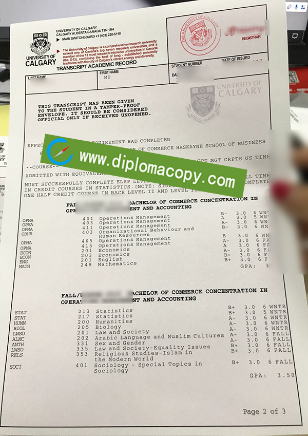 University of Calgary transcript, fake University of Calgary certificate