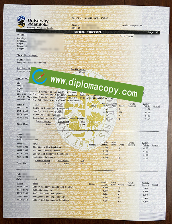 University of Manitoba transcript, University of Manitoba certificate