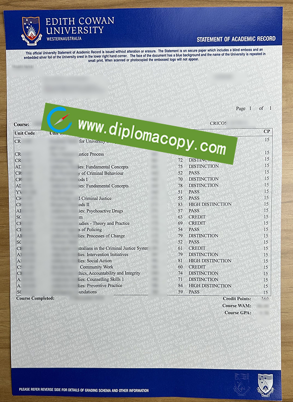 Edith Cowan University transcript, ECU certificate