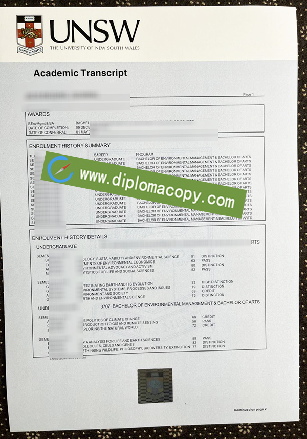 UNSW transcript, University of New South Wales diploma