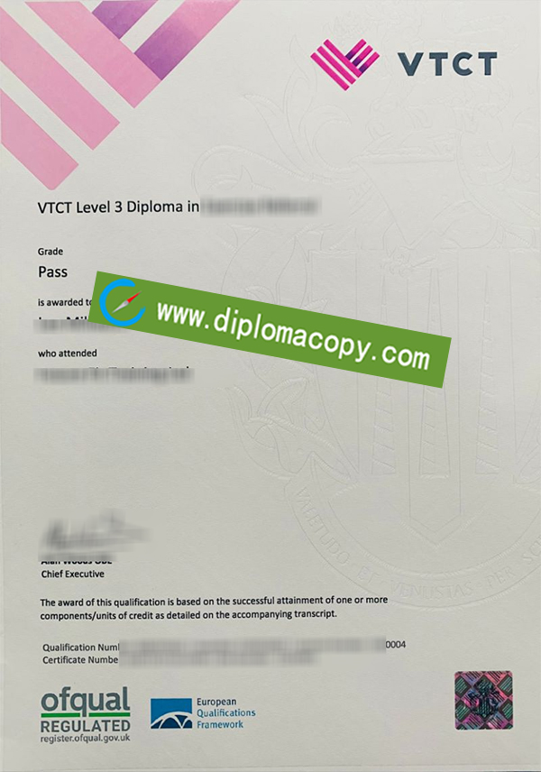 VTCT certificate, Vocational Training Charitable Trust degree