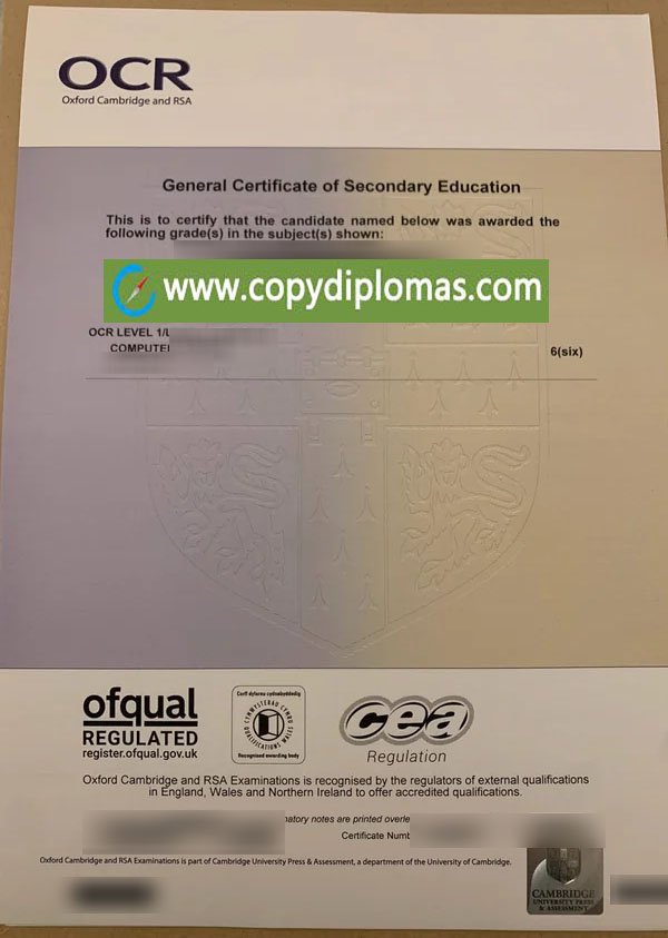 OCR GCSE Certificate, Oxford Cambridge and RSA diploma